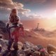 A screenshot from Horizon Forbidden West's January 19 story trailer depicting protagonist Aloy looking at a skyscraper-sized machine in the distance.